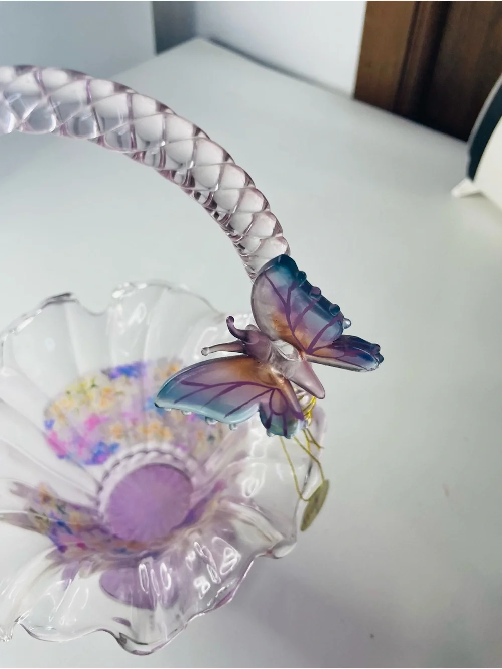 The Bradford Exchange Hand Blown Glass Basket with Multicolor Butterfly Accent